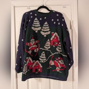 Vintage Holiday Time Christmas Sweater Santa Ski Scene | Made in USA | Large
